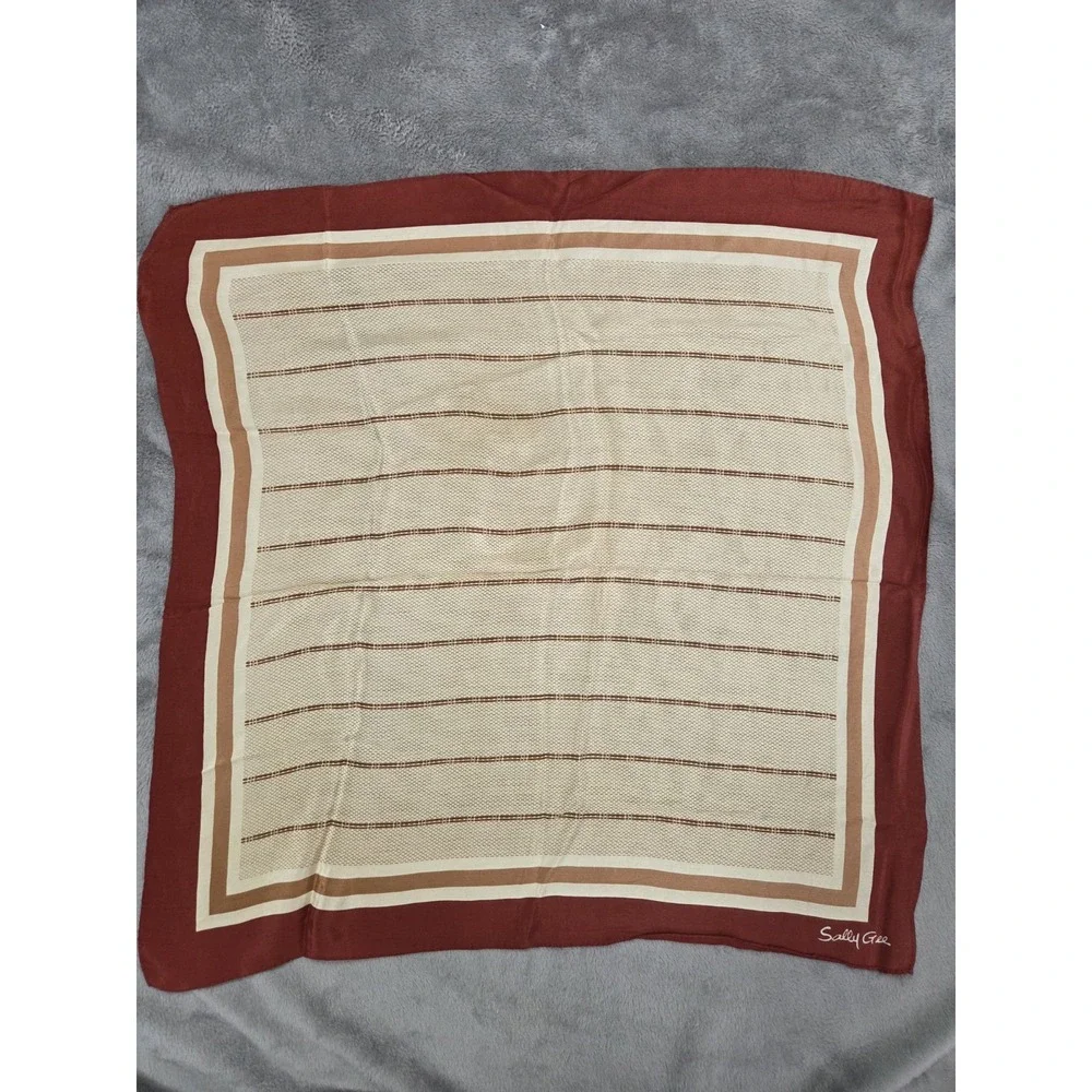 Sally Gee Silk Scarf Mod‎ Mad Men Square 22.5x23 Brown Beige 70s Hipster